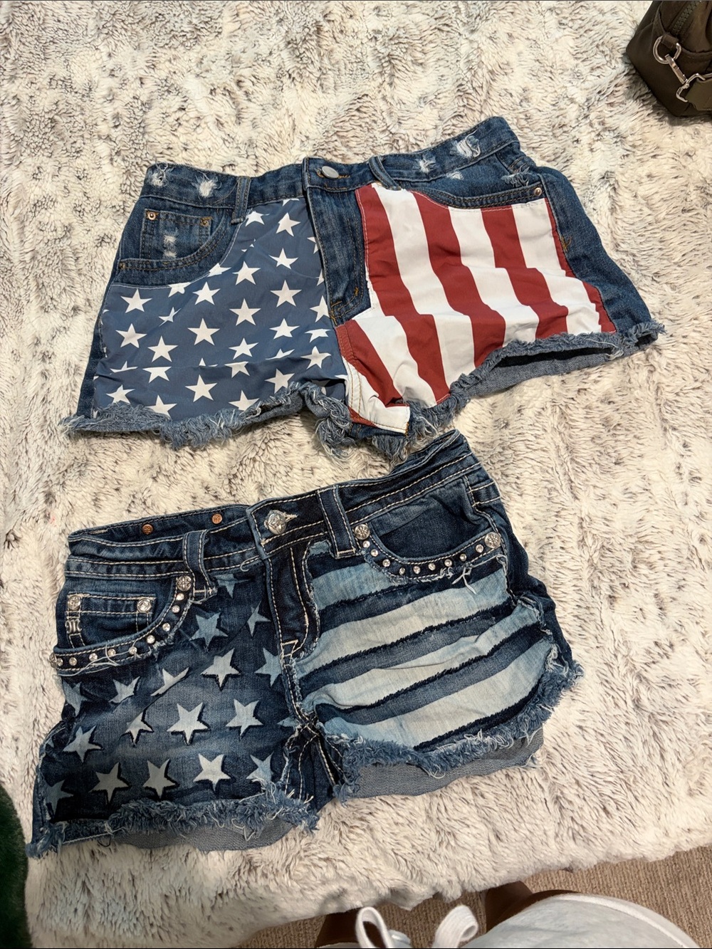 Miss Me Women's Denim Shorts - Blue, White & Red Flag Patchwork